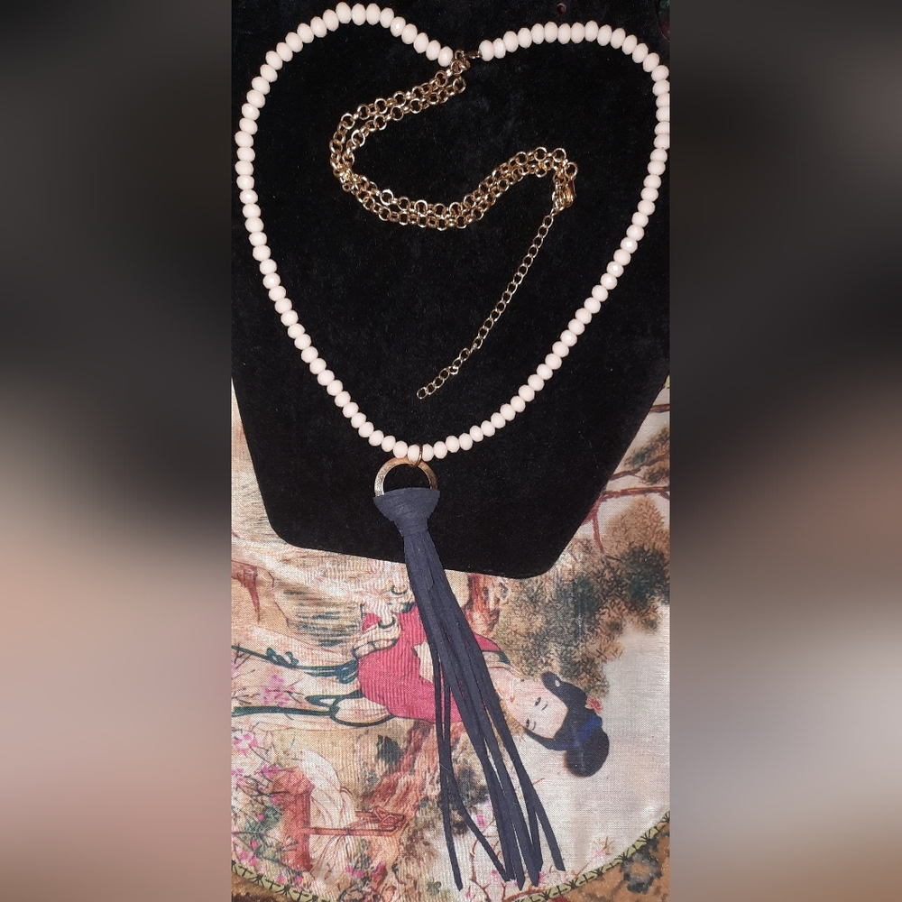 Long beaded tassel goldtone chain necklace adjustable length Rustic Boho